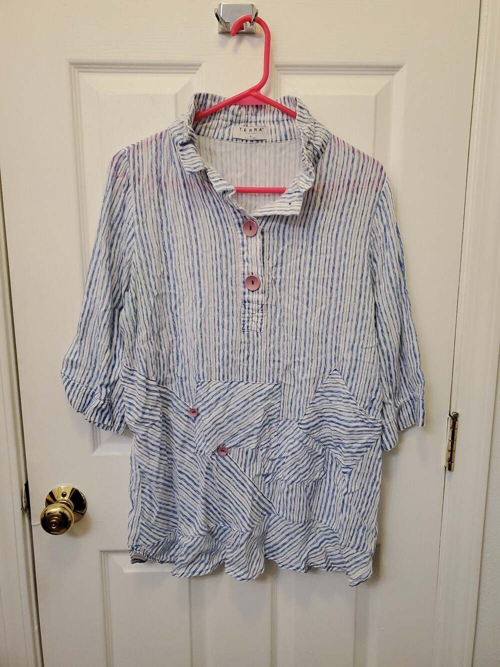 100% Cotton Terra SJ Apparel Women's 3/4 Sleeve Popover Blouse with Ruffle Neck